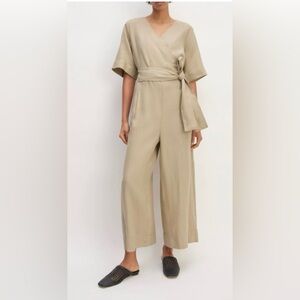 Everlane European Flax Linen Wide Leg Wrap Khaki Tone Belted Jumpsuit Summer